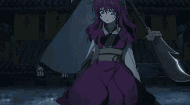 a girl in a purple dress stands in front of a building