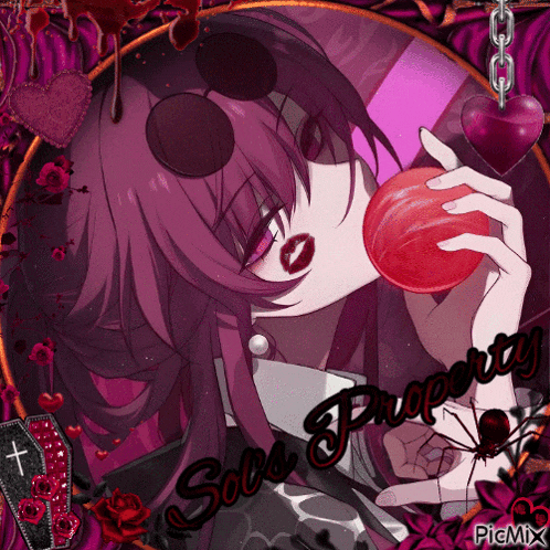a picture of a girl with purple hair holding a red apple with the words sole property on the bottom right