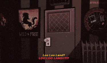a cartoon character is standing in front of a door with a sign that says wild & free on it