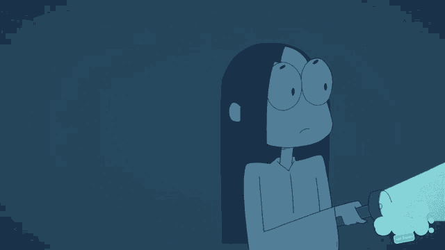 a cartoon drawing of a person holding a flashlight with a blue light coming from it