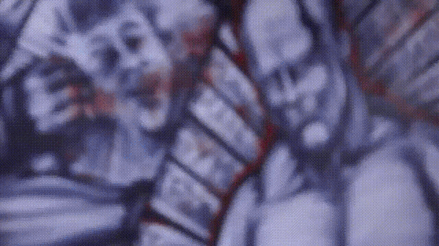 a close up of a painting of a skull and a dna strand