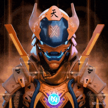 a futuristic robot with a chinese symbol on its helmet