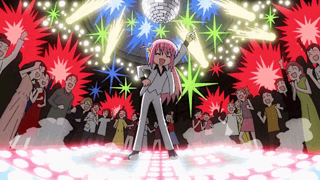 a girl in a white suit is dancing in front of a disco ball