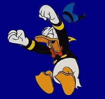 donald duck is jumping in the air with his arms outstretched