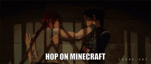 a man and woman kissing with the words hop on minecraft above them