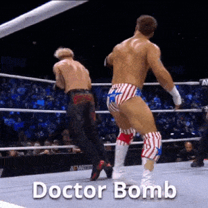 two wrestlers are in a wrestling ring with the words doctor bomb written on the bottom
