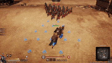 a screenshot of a video game shows a soldier on a horse attacking another soldier