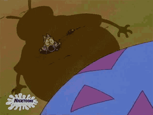 a cartoon character from nicktoons is being eaten by a giant bug .