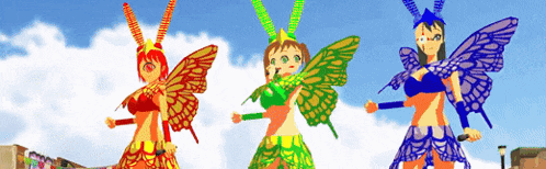 three cartoon characters are dressed in butterfly costumes