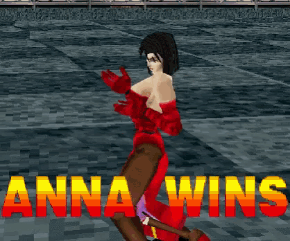a video game screen shows a woman in a red dress and the words anna wins