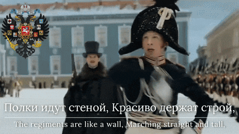 a man in a top hat stands in front of a building with the words " the regiments are like a wall marching straight and tall "