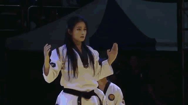a group of people in karate uniforms are performing a dance on a stage