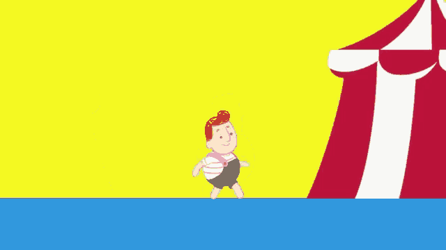 a cartoon of a boy standing in front of a red and white tent