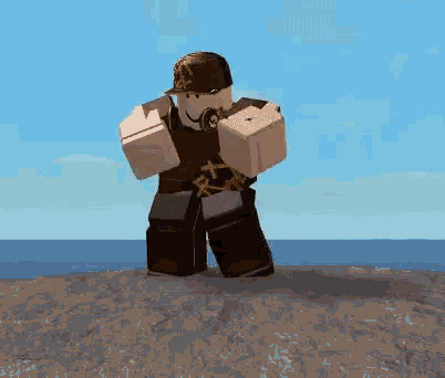 a roblox character wearing a helmet and headphones is standing on a rock near the ocean