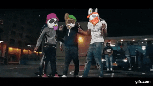 a group of cartoon characters are dancing in a parking lot and one of them is wearing a fly emirates shirt