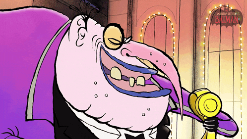 a cartoon character is holding a trophy in front of a sign that says " the proud little batman "