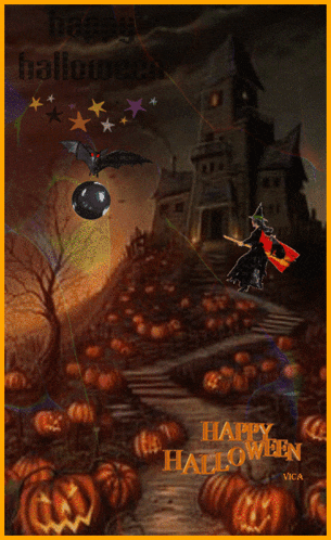 a halloween greeting card with pumpkins and a witch in front of a haunted house