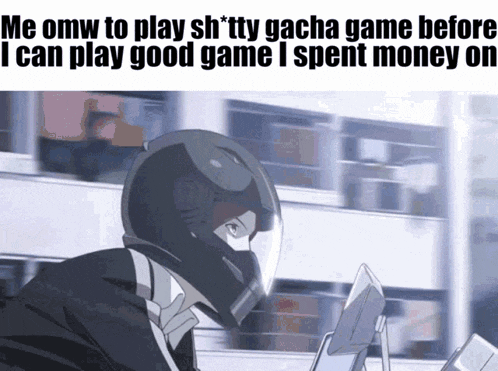 a man wearing a helmet and a suit is playing gacha game