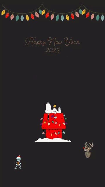 a happy new year greeting card with snoopy in a house