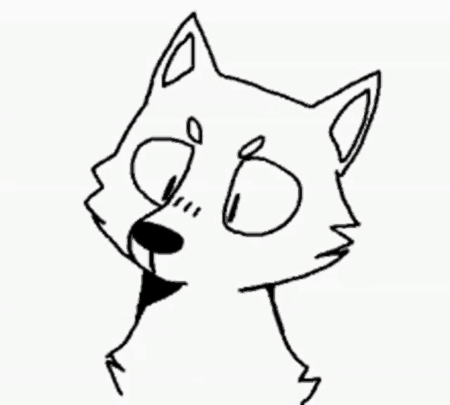 a black and white drawing of a cat with its mouth open and a surprised look on its face .
