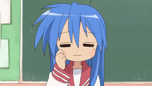 a girl with blue hair and a red and white striped shirt is crying