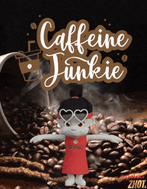 a cartoon character is standing in front of a pile of coffee beans with the words caffeine junkie above her