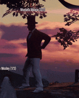 a man in a top hat is standing in front of a sunset with mustafa maura ( 322 ) in the background