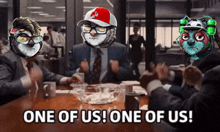 a group of people are sitting around a table with one of them saying one of us