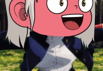 a cartoon character with a pink head and white hair is smiling