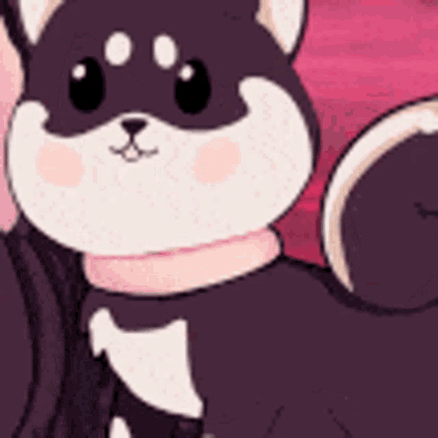 a black and white squirrel with a pink collar is sitting on a pink surface .