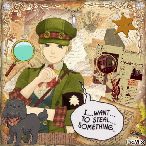 a picture of a police officer with a speech bubble that says i want to steal something