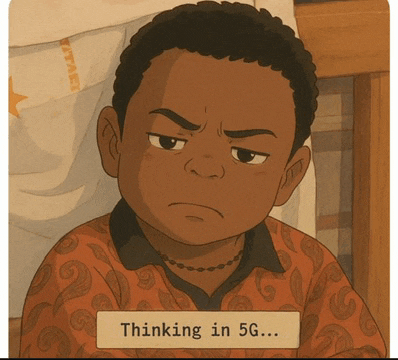a cartoon of a boy with the words thinking in 5g