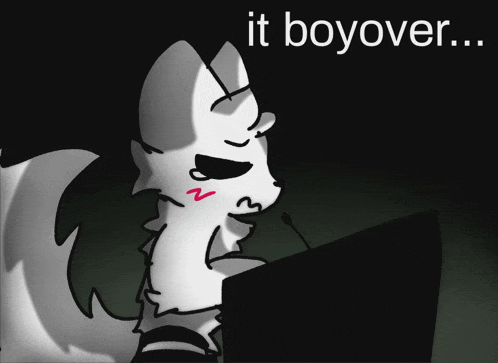 a cartoon of a wolf sitting at a podium with the words " it boyover " behind him