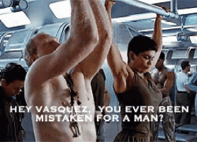 a man and a woman are hanging from a bar with the words hey vasquez you ever been mistaken for a man written below them