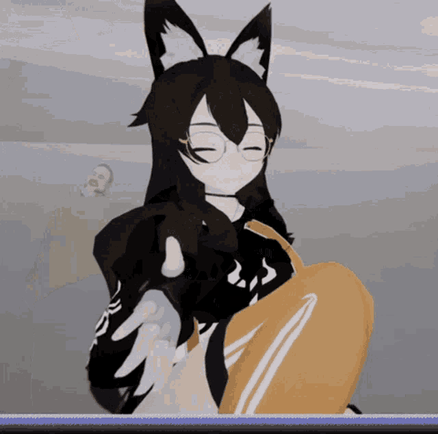 a cartoon character with a cat ear and glasses is holding a pumpkin