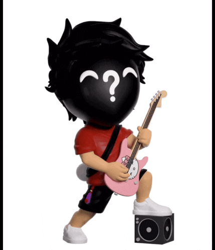 a figurine of a person playing a guitar with a question mark on their face