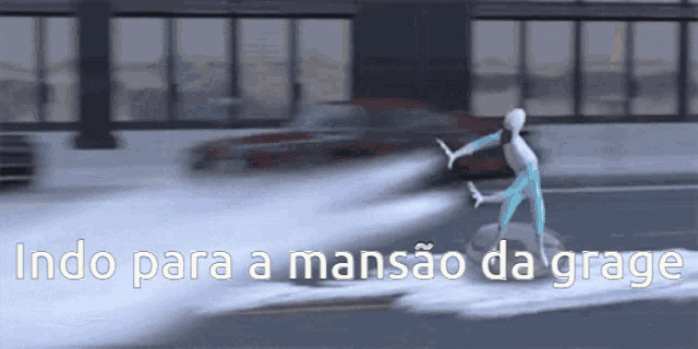 a man is riding a skateboard down a street with the words indo para a mansão da grago