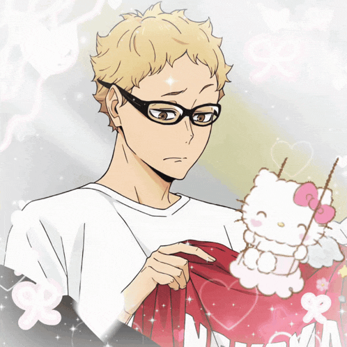 a man with glasses is holding a hello kitty toy