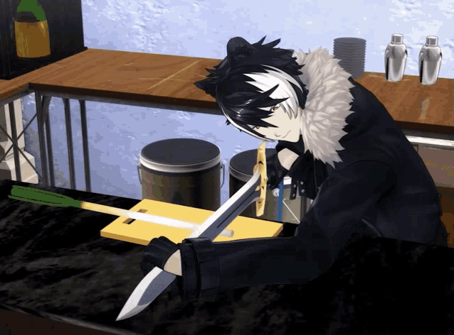 a cartoon character is cutting something with a knife