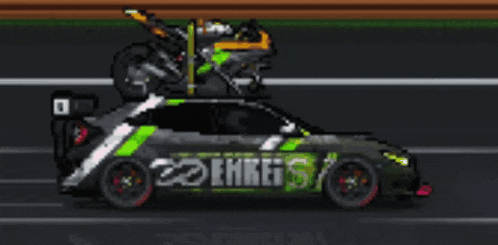 a pixel art drawing of a car with a motorcycle on top