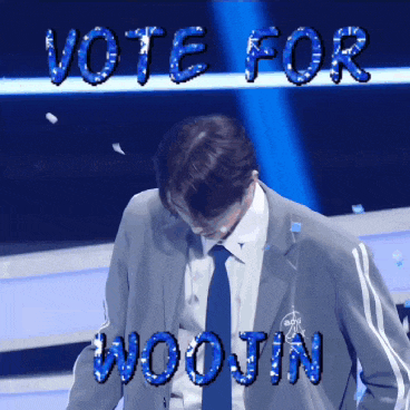 a man in a suit and tie stands in front of a sign that says " vote for woojin "