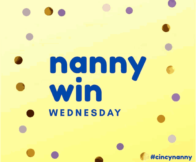 a yellow background with purple and gold polka dots and the words nanny win wednesday