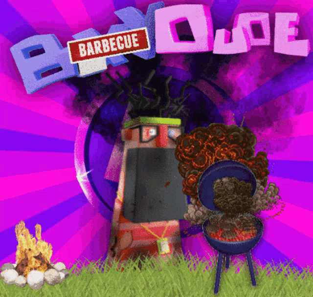 a cartoon drawing of a man grilling with the words barbecue on the top