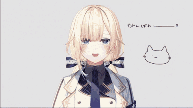 a girl with blonde hair is smiling next to a drawing of a cat with chinese writing on it