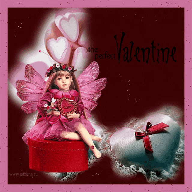 a valentine greeting card with a doll sitting on a red box