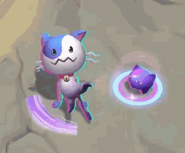 a purple and white cat is flying in the air next to a purple cat in a video game .