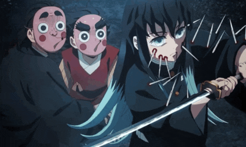 a girl with blue hair is holding a sword in front of two masked people
