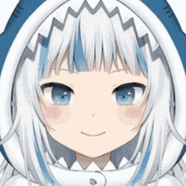 a close up of a girl wearing a shark hood .