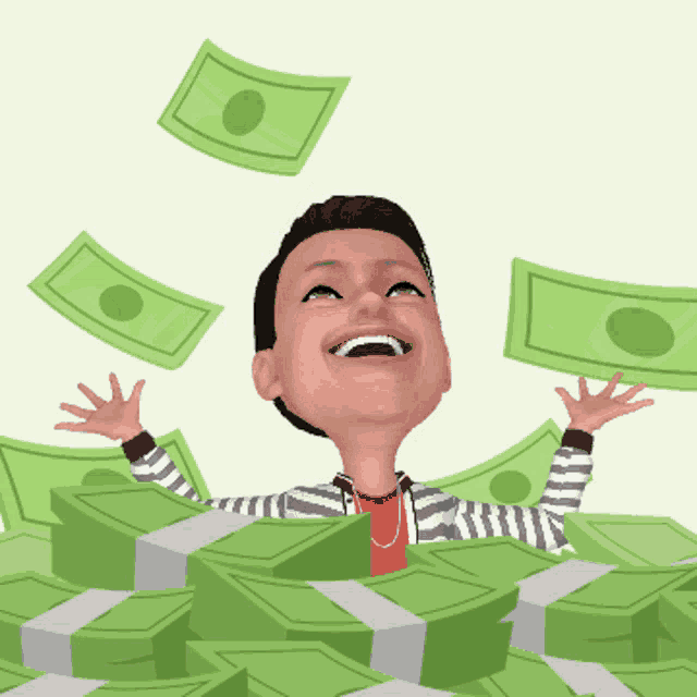 a cartoon character is surrounded by a pile of green money
