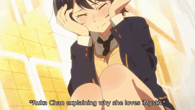 a girl in a school uniform is crying and says " ruka chan explaining why she loves mystic * "
